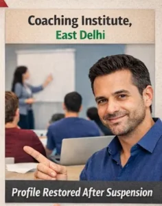 Man pointing toward text about coaching institute in East Delhi with message about profile restored after suspension, classroom scene in background.