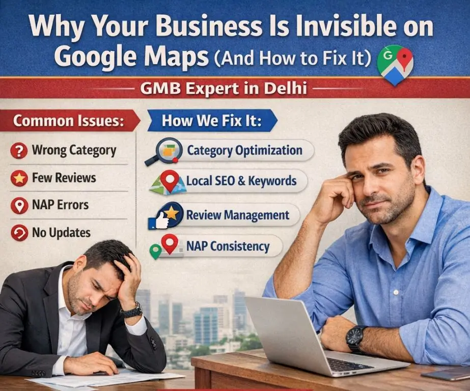 Promotional graphic explaining why a business is invisible on Google Maps, listing common GMB issues and solutions by a Delhi expert.