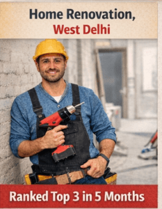 Home renovation contractor in West Delhi holding drill machine, ranking in Google top 3 within 5 months after SEO optimization.