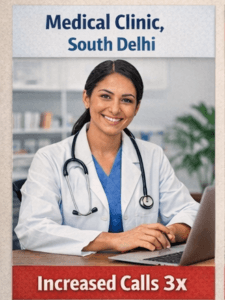 Female doctor at a medical clinic in South Delhi using laptop, case study showing 3x increase in patient calls through local SEO.
