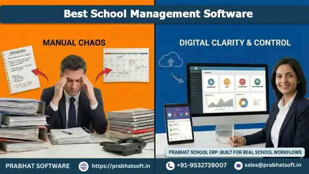 Best School Management Software – Prabhat School ERP showing manual school administration chaos vs digital clarity and control dashboard