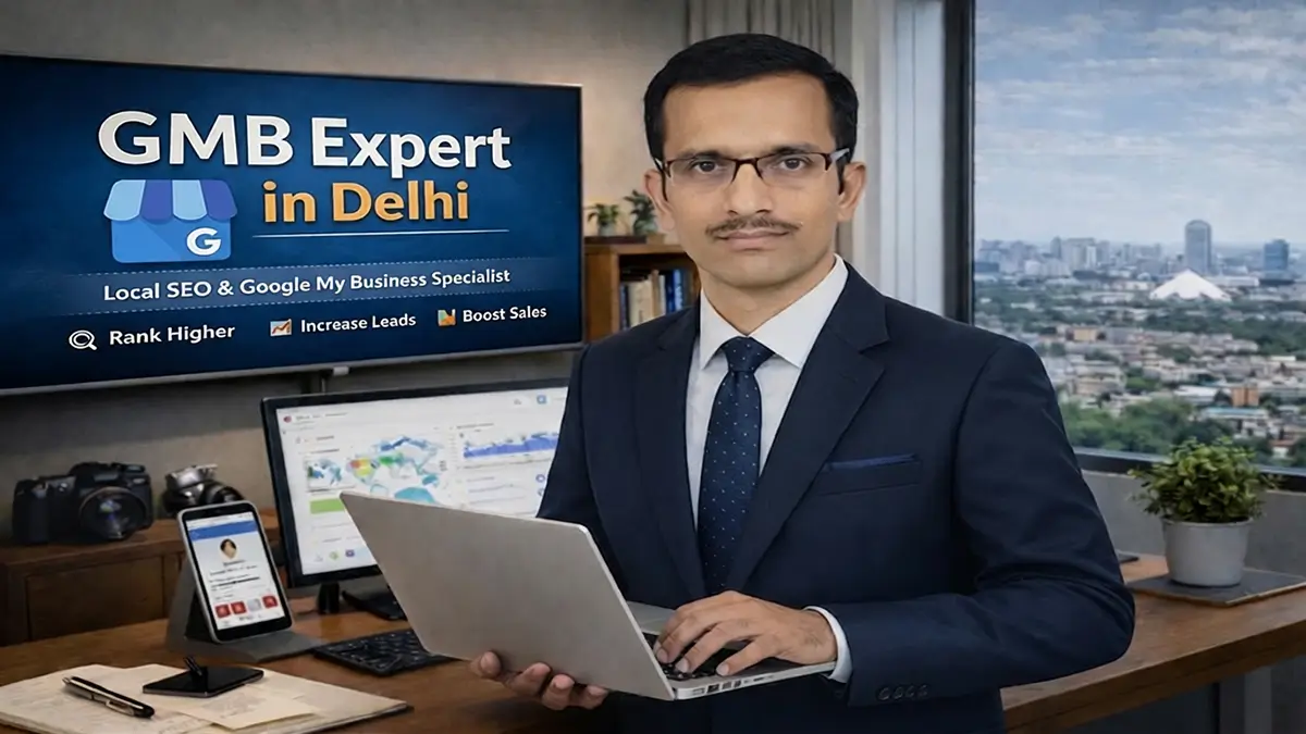GMB Expert in Delhi working on Google Business Profile optimization with laptop, showing local SEO dashboard and Prabhat Software branding in office setting.