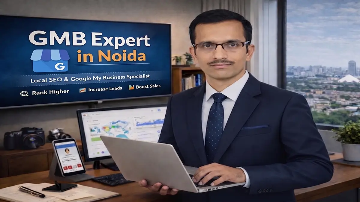 Professional GMB expert in Noida working on a laptop with a screen showing Google My Business and local SEO dashboard for ranking, leads, and sales growth.