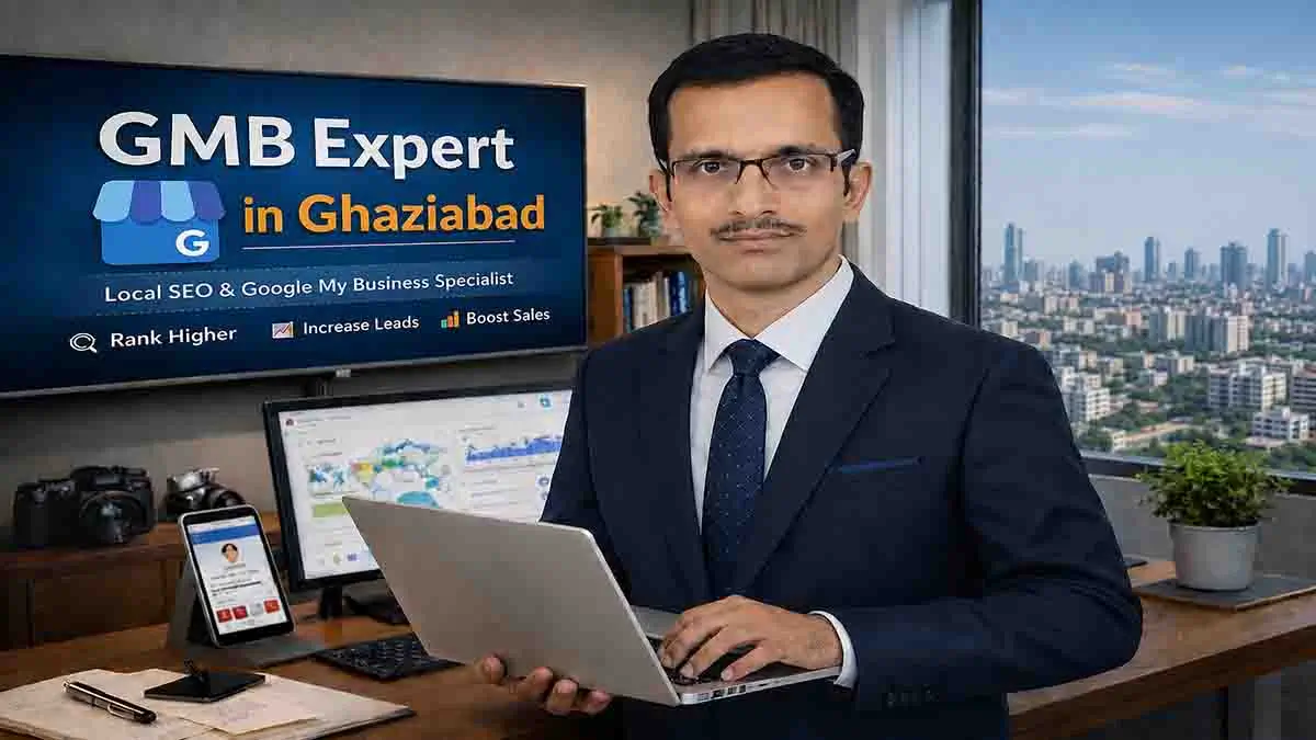 Professional local SEO and Google My Business expert in Ghaziabad working on a laptop in a modern office, with digital marketing dashboards displayed on computer screens and a city skyline visible through the window.