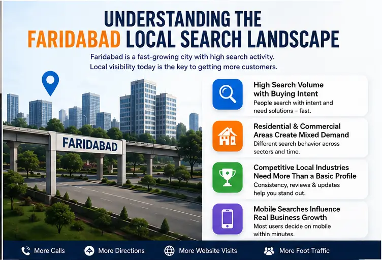Understanding the Faridabad local search landscape infographic showing high search volume, residential and commercial demand, competitive industries, and mobile search influence on local business growth.