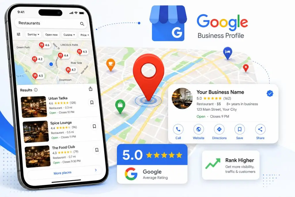Google Business Profile illustration showing a restaurant listing on Google Maps with ratings, location pins, customer reviews, and local SEO ranking features.