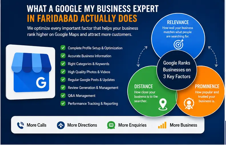 Google My Business Expert in Faridabad infographic explaining profile optimization, reviews, local SEO, business categories, performance tracking, and Google Maps ranking factors including relevance, distance, and prominence.