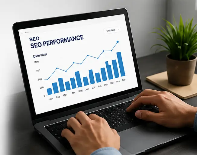 AI SEO performance dashboard displayed on a laptop showing website traffic growth, keyword ranking trends, and analytics for Indian businesses.