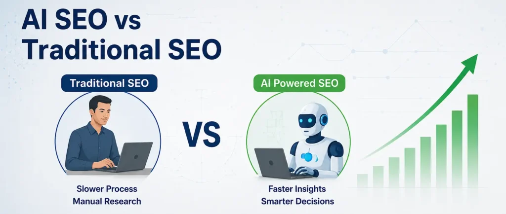 Comparison of AI SEO and traditional SEO showing manual research versus AI-powered insights, smarter decisions, and improved SEO performance with an upward growth chart.