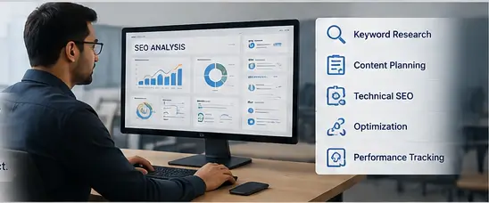 SEO expert reviewing an SEO analysis dashboard with keyword research, content planning, technical SEO, optimization, and performance tracking on a desktop monitor.