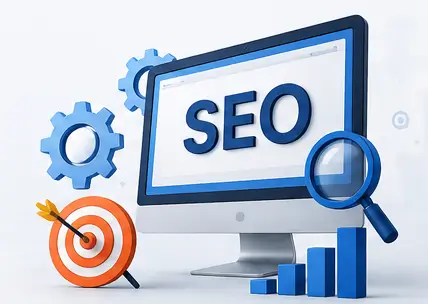SEO strategy illustration with computer monitor, magnifying glass, target icon, gears, and analytics chart representing technical SEO, local SEO, and search engine optimization.