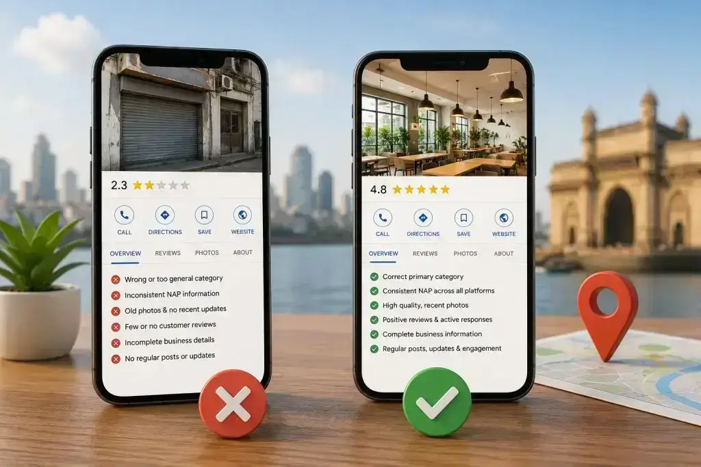 Before and after Google Business Profile optimization by a GMB Expert in Mumbai showing improved ratings, reviews, NAP consistency, and Google Maps visibility.