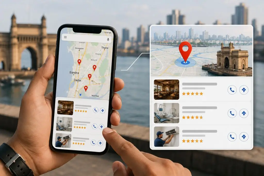 Google Maps ranking optimization by a GMB Expert in Mumbai showing multiple local business listings, map pins, customer ratings, and Google Business Profile visibility across Mumbai.
