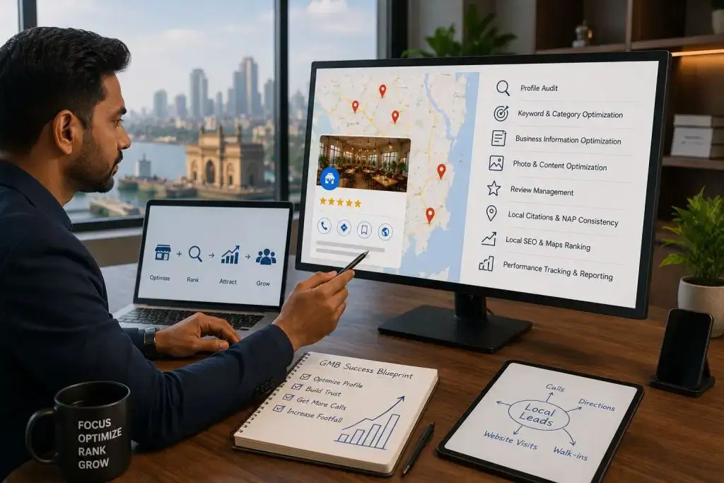 GMB Expert in Mumbai performing a Google Business Profile audit, Google Maps optimization, review management, local SEO, and NAP consistency for higher local rankings.