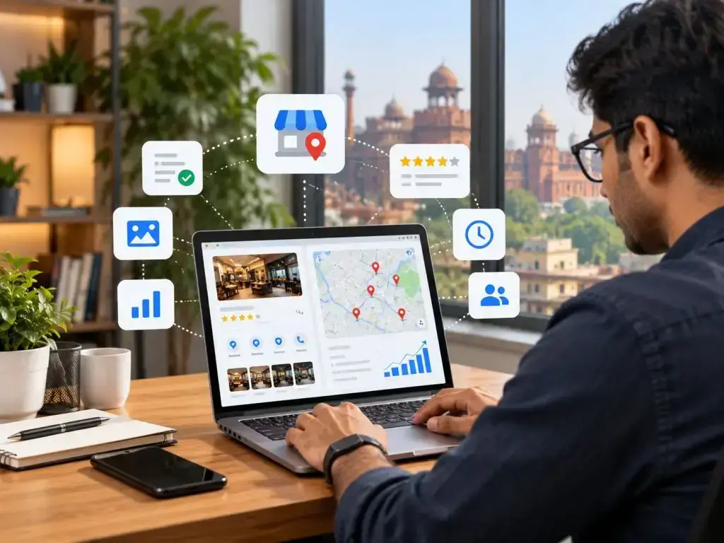 Specialist optimizing a Google Business Profile dashboard and local map listings on a laptop with digital marketing icons floating above.