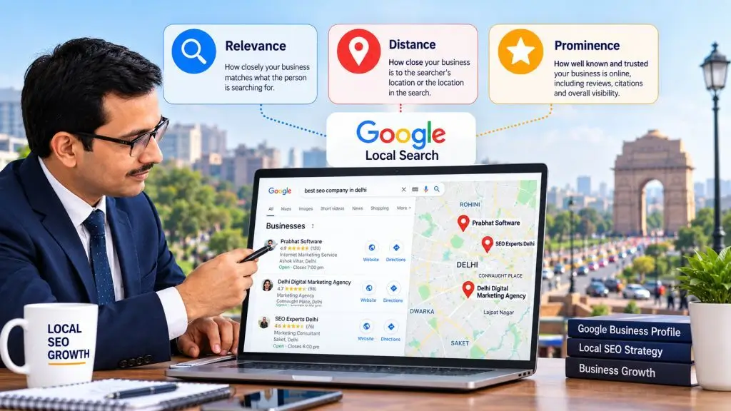 How Google local search works for Delhi businesses using relevance, distance and prominence